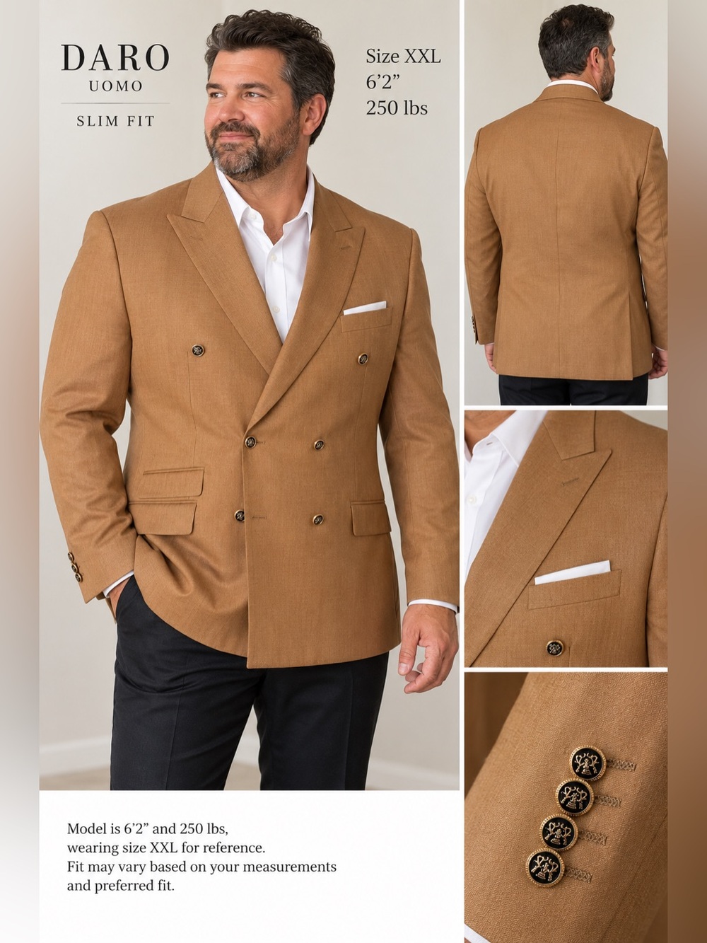 Daro Uomo Camel Double Breasted Blazer XXL NWT Slim Fit